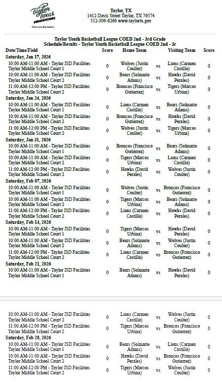 2nd - 3rd Grade Game Schedule